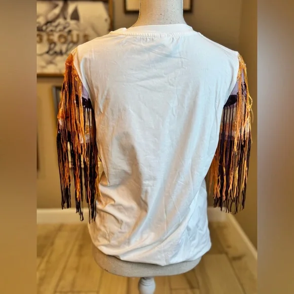 New! QUEEN OF SPARKLES Orange and Purple Sequin Fringe Spirit Tee - Picture 5 of 8